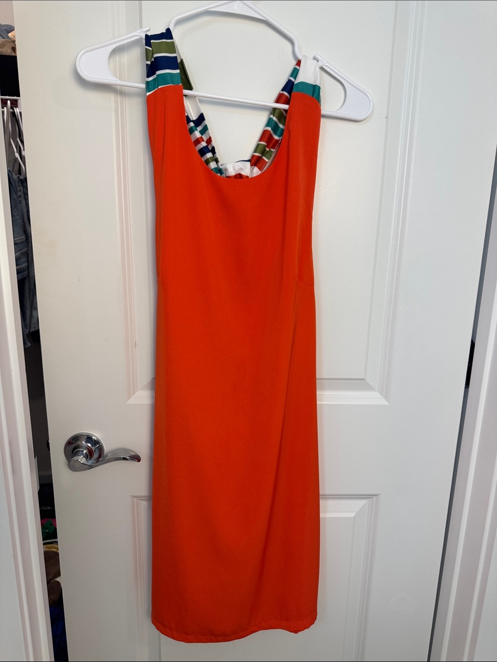 Lulu's Orange Midi Dress with Multicolor Striped Trim